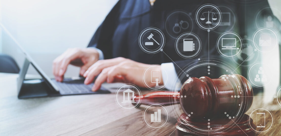 justice and law concept.Male judge in a courtroom with the gavel